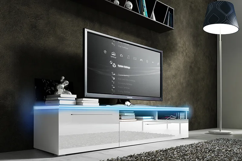 Stockend Fritstående TV-bord 150 cm med Opbevaring i Malet Træ, Hvid