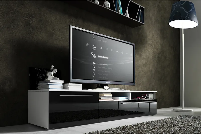 Stockend TV-bænk 150 cm 2 Låger + 2 Hylder, Hvid/Sort