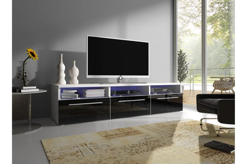 Stockend TV-bænk 150 cm 3 Låger + LED-belysning, Sort/Hvid