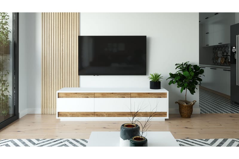 TV-Bord 180 cm 3 Skabe - Hvid / natur - Møbler - TV borde & mediemøbler - TV-borde