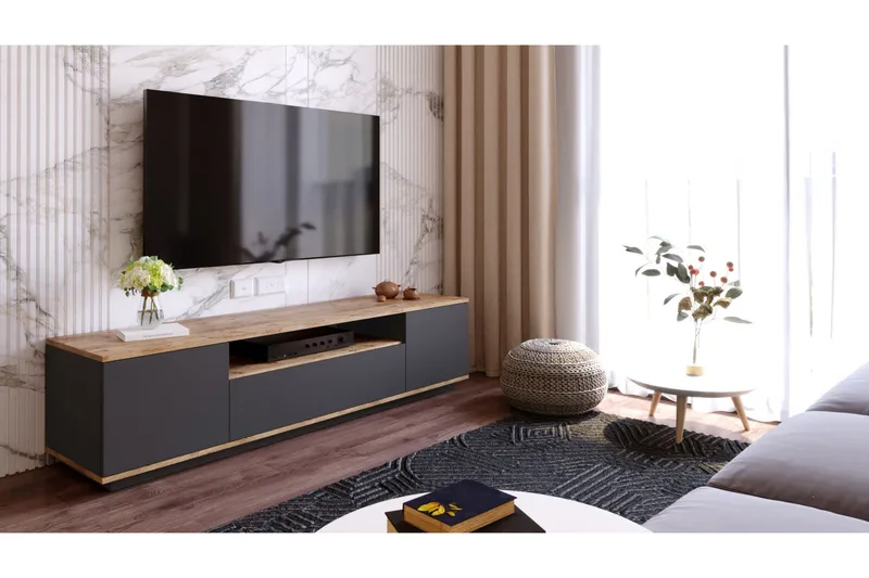 TV-Bord 180 cm med hylde, Antracit / Natur