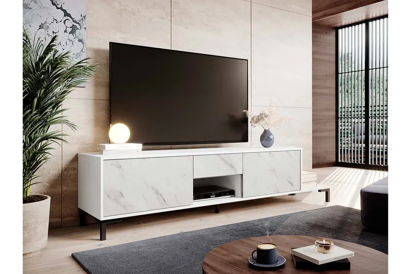 Tv Gulvstående Tv-bord 195 cm med Opbevaring i Træ - Hvid - Møbler - TV borde & mediemøbler - TV-borde