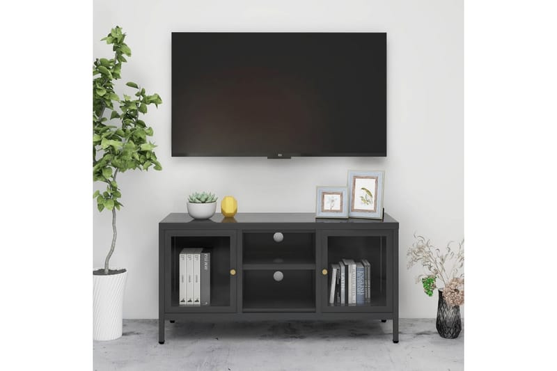 tv-skab 105x35x52 cm stål og glas antracitgrå - Antracit - Møbler - TV borde & mediemøbler - TV-borde