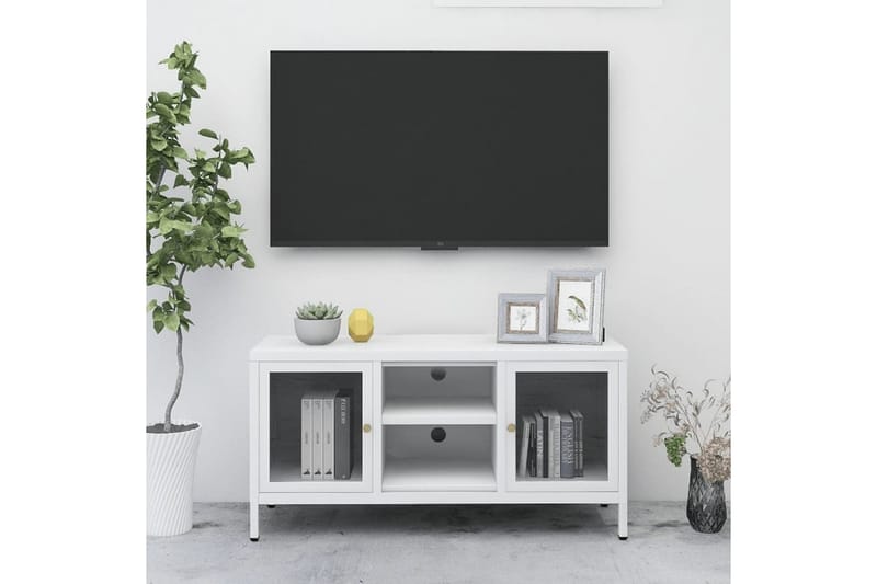 tv-skab 105x35x52 cm stål og glas hvid - Hvid - TV-borde