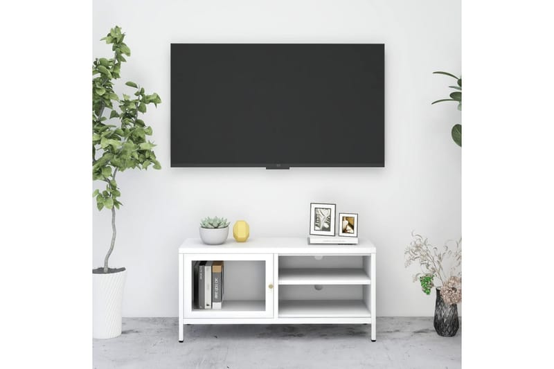 tv-skab 90x30x44 cm stål og glas hvid - Hvid - TV-borde