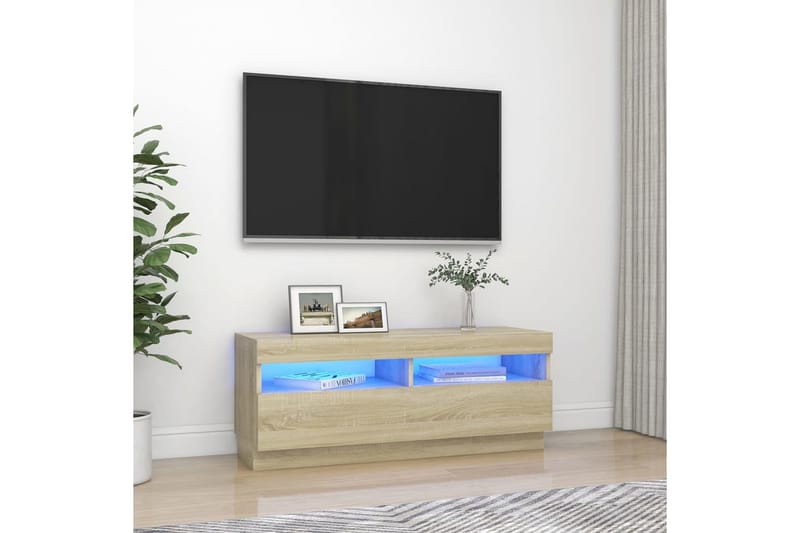 tv-skab med LED-lys 100x35x40 cm sonoma-eg - Brun - TV-borde