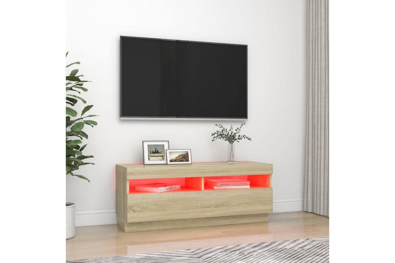 tv-skab med LED-lys 100x35x40 cm sonoma-eg - Brun - TV-borde