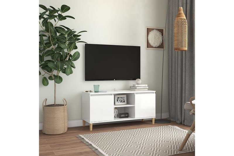 tv-skab med massive træben 103,5x35x50 cm hvid højglans - Hvid - Møbler - TV borde & mediemøbler - TV-borde