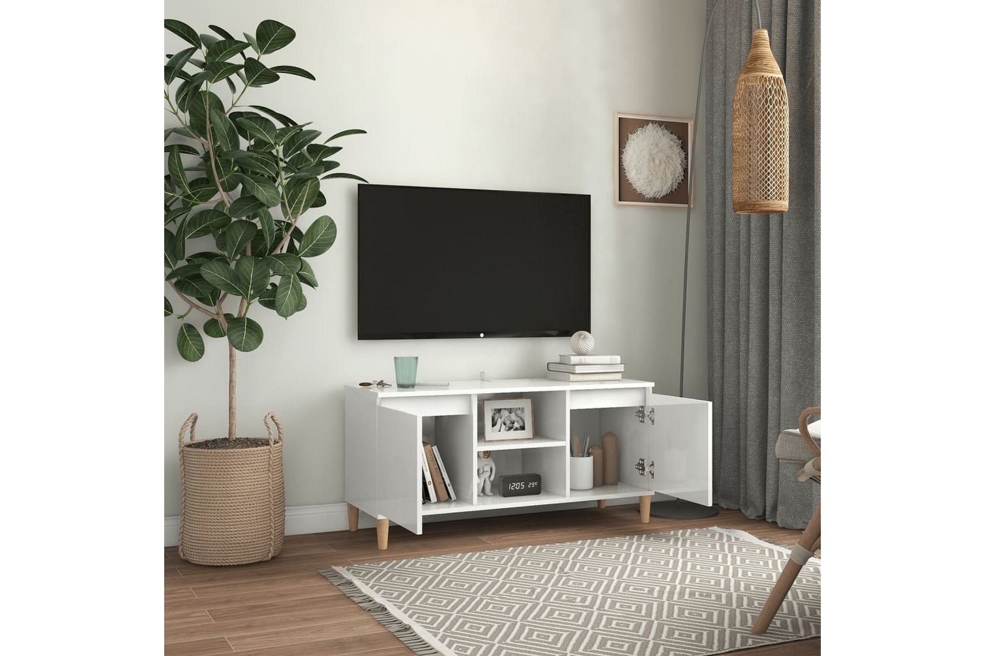 tv-skab med massive træben 103,5x35x50 cm hvid højglans - Hvid - Møbler - TV borde & mediemøbler - TV-borde