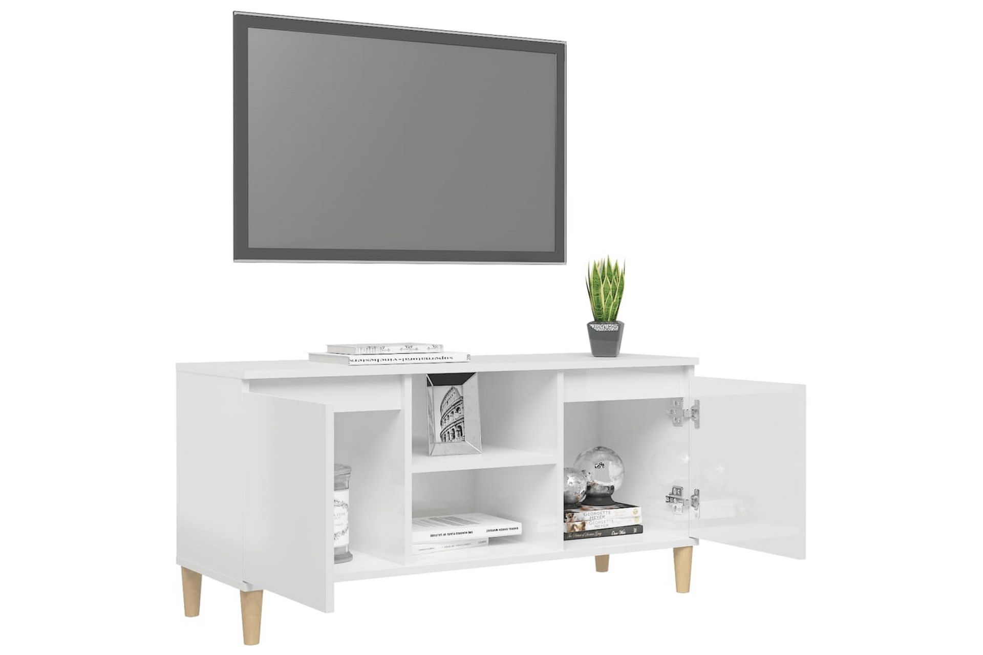 tv-skab med massive træben 103,5x35x50 cm hvid højglans - Hvid - Møbler - TV borde & mediemøbler - TV-borde