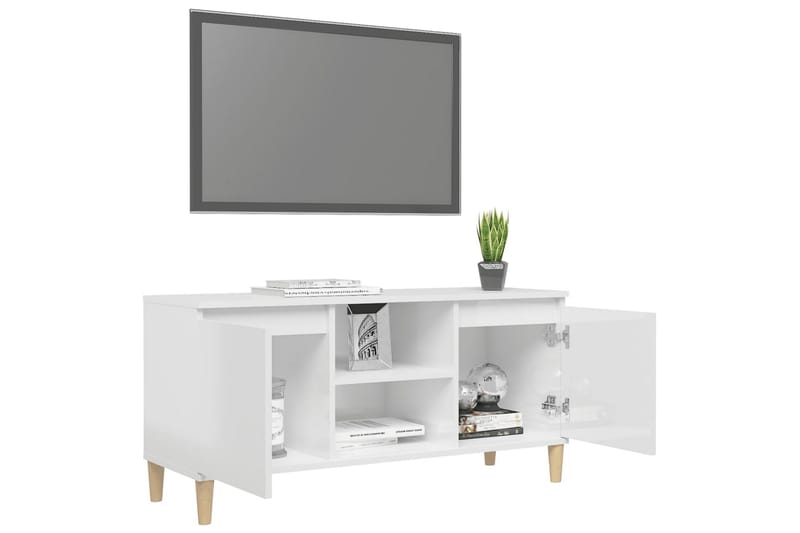 tv-skab med massive træben 103,5x35x50 cm hvid højglans - Hvid - Møbler - TV borde & mediemøbler - TV-borde