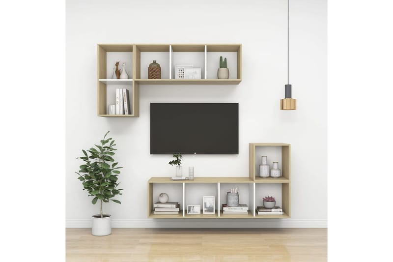 væghængt reol 37x37x142,5 cm spånplade sonoma-eg og hvid - Beige - TV-borde