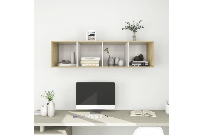 væghængt reol 37x37x142,5 cm spånplade sonoma-eg og hvid - Beige - Møbler - TV borde & mediemøbler - TV-borde