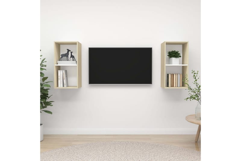 væghængte tv-skabe 2 stk. spånplade hvid og sonoma-eg - Beige - TV-borde