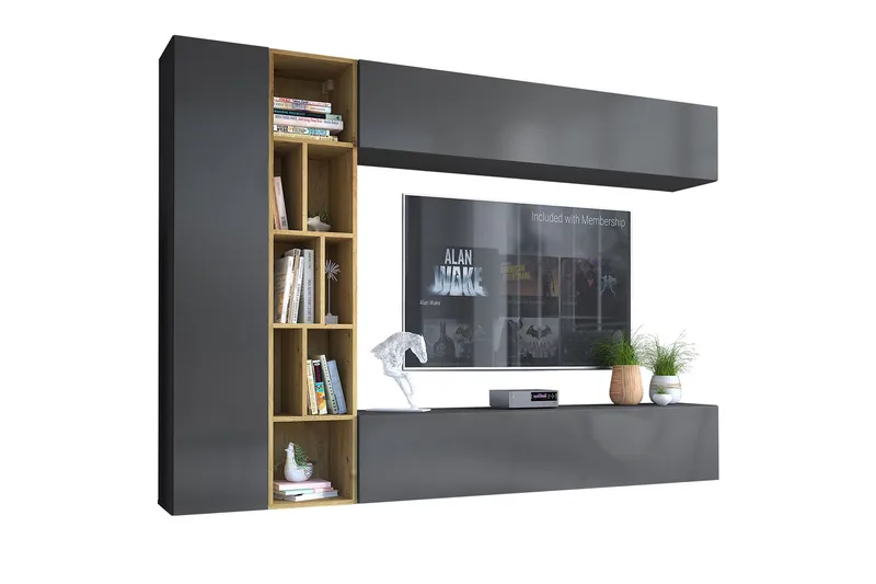 Vægmonteret Tv-bord 224 cm med Opbevaring i Eg - Antracit - Møbler - TV borde & mediemøbler - TV-borde