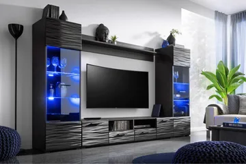 Apryl Modern TV mediemøbel med vitrineskab og LED-belysning - Sort - Møbler - TV borde & mediemøbler - Tv-møbelsæt
