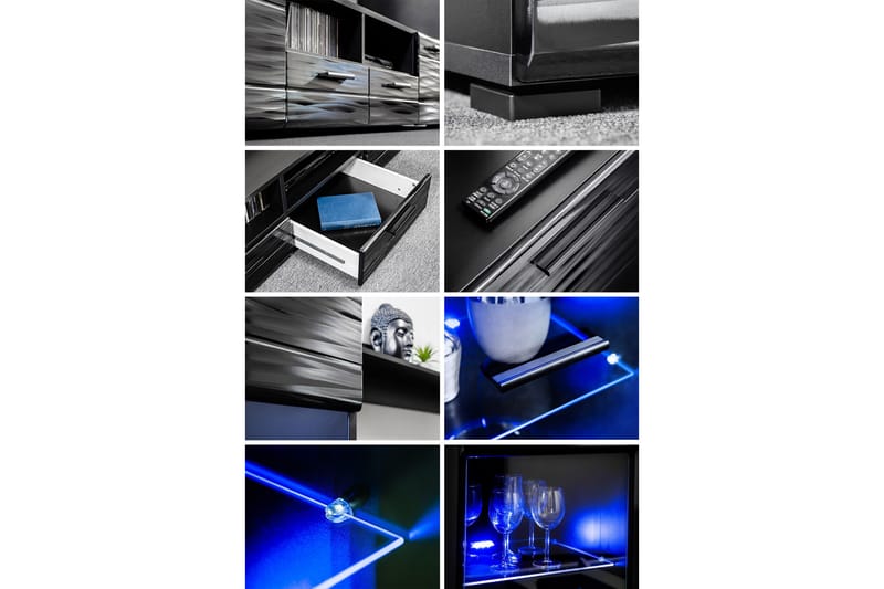 Apryl Modern TV mediemøbel med vitrineskab og LED-belysning - Sort - Møbler - TV borde & mediemøbler - Tv-møbelsæt