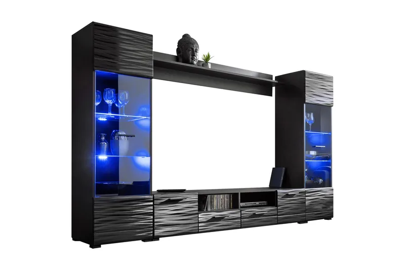 Apryl Modern TV mediemøbel med vitrineskab og LED-belysning, Sort