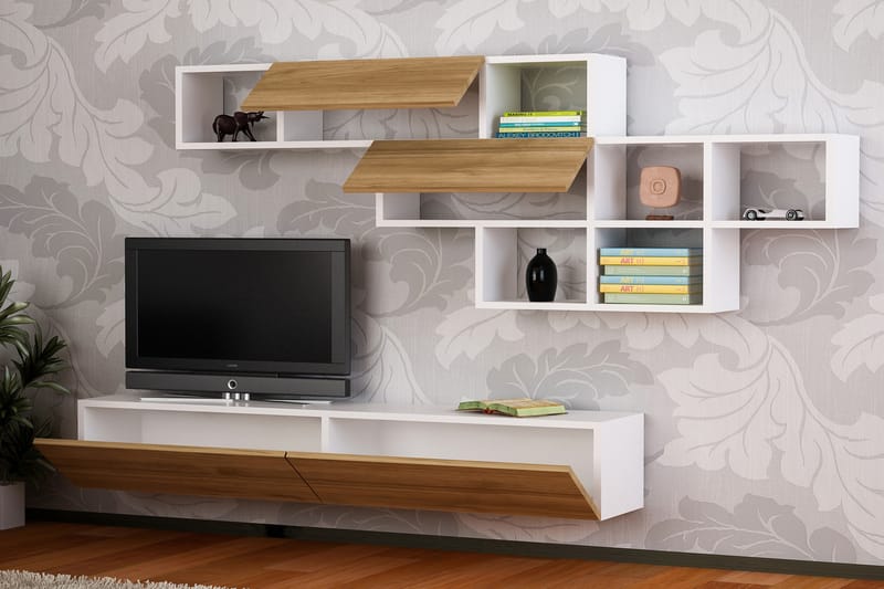 Arizto TV-Bord med væghylde - Hvid / valnød - Tv-møbelsæt