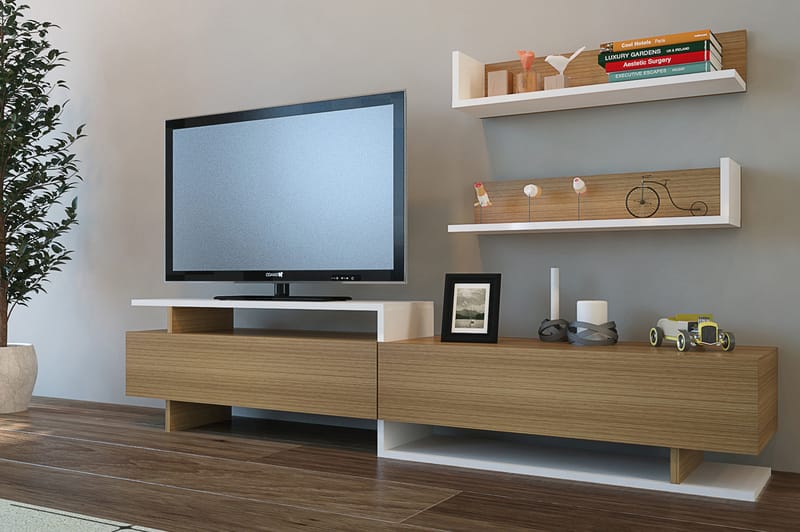 Ayaze tv-bord - Vit / teak - Tv-møbelsæt