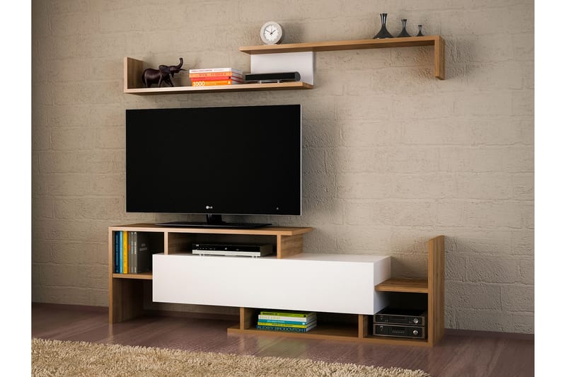 Dreamiol TV-Bord med Væghylde - Hvid / valnød - Tv-møbelsæt
