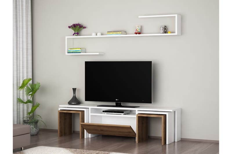 Ergene TV-Bord med væghylde - Hvid / valnød - Tv-møbelsæt