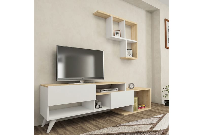 Fuhaymi TV-møbelsæt 135 cm 2 låger + 9 hylder - Hvid / Blå / Natur - Tv-møbelsæt