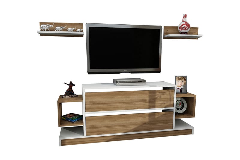 Magnax TV-Bord med væghylde - Hvid / valnød - Tv-møbelsæt