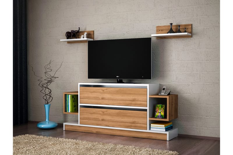 Magnax TV-Bord med væghylde - Hvid / valnød - Tv-møbelsæt
