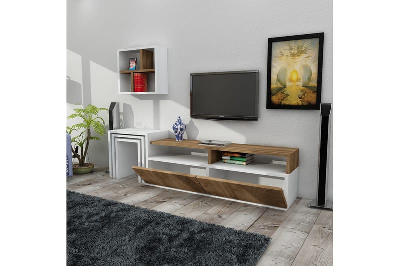 Miselle TV-Bord med væghylde - Hvid / valnød - Tv-møbelsæt