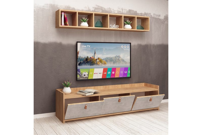 Mod Design TV-Bord med væghylde - Grå / træ - Tv-møbelsæt