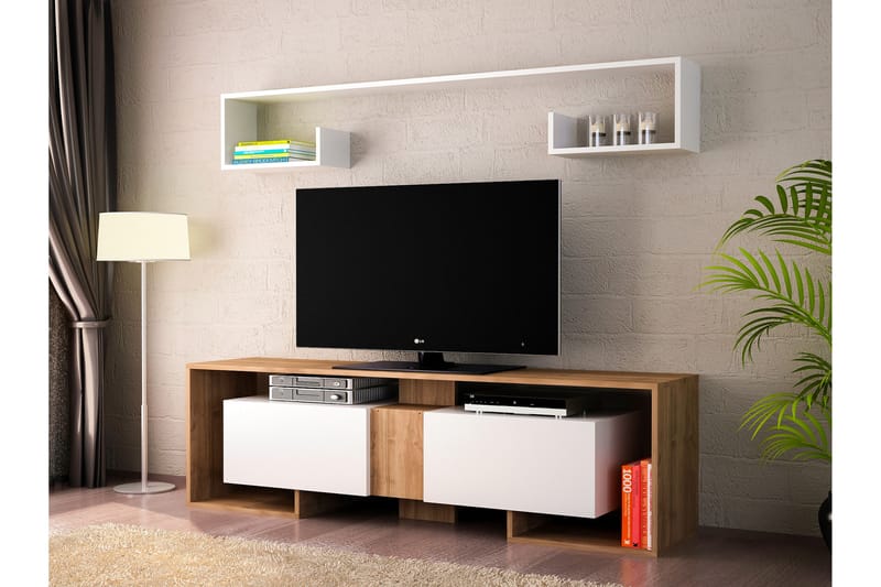 Rosebelle TV-Bord med væghylde - Hvid / valnød - Tv-møbelsæt