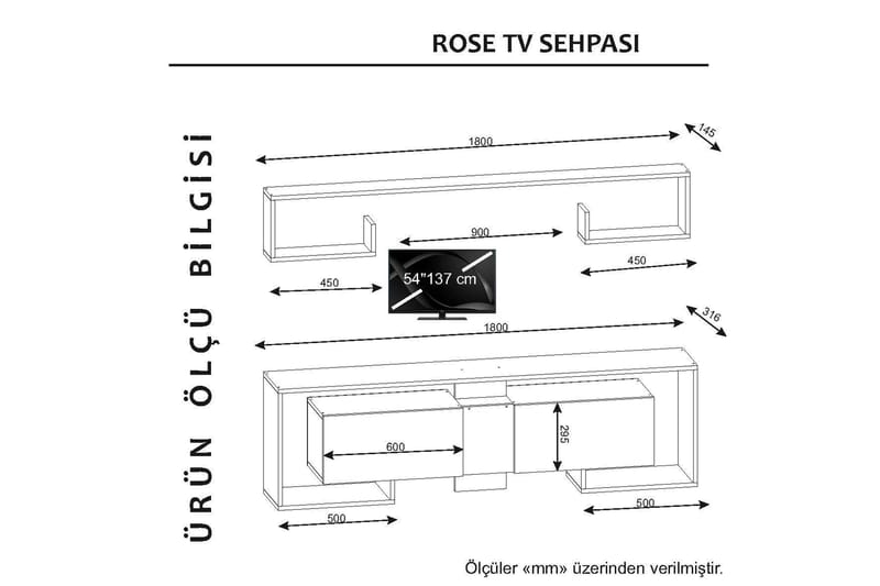 Rosebelle TV-Bord med væghylde - Hvid / valnød - Tv-møbelsæt
