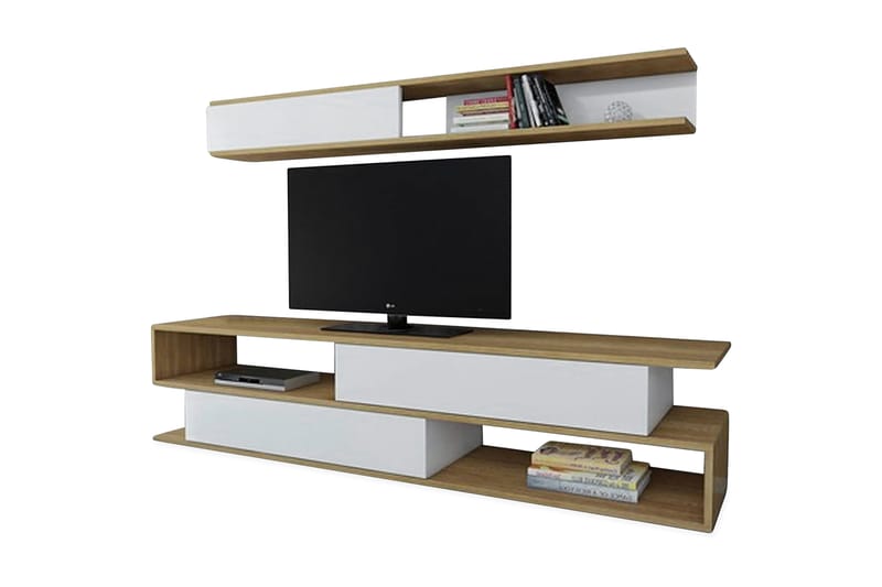 Simsaur TV-bænk med hylde - Vit / teak - Møbler - TV borde & mediemøbler - Tv-møbelsæt