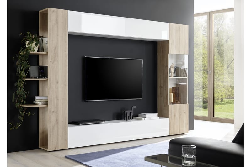 Sorano Moderne TV-møbelsæt 258cm - Hvid/Træ - Møbler - TV borde & mediemøbler - Tv-møbelsæt