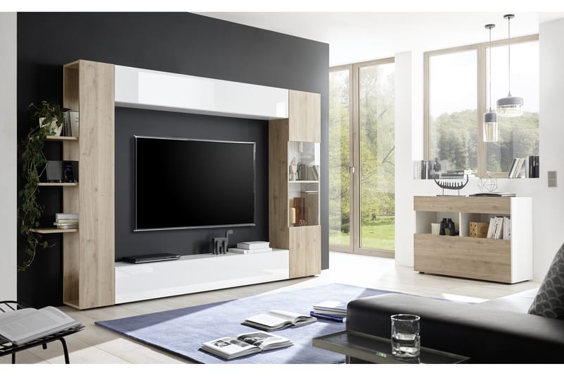 Sorano Moderne TV-møbelsæt 258cm - Hvid/Træ - Møbler - TV borde & mediemøbler - Tv-møbelsæt