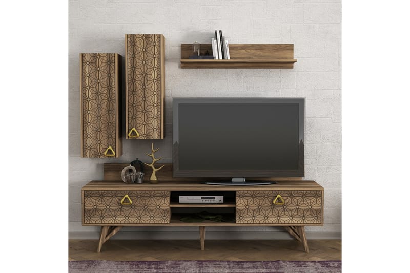 Tera Home TV-bænk / væghylder dekoreret - Valnød - Tv-møbelsæt