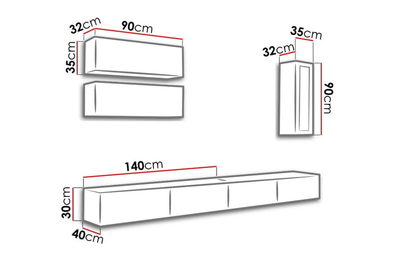 Vigo TV-møbelsæt 280x40x180 cm - Sort / hvid - Tv-møbelsæt