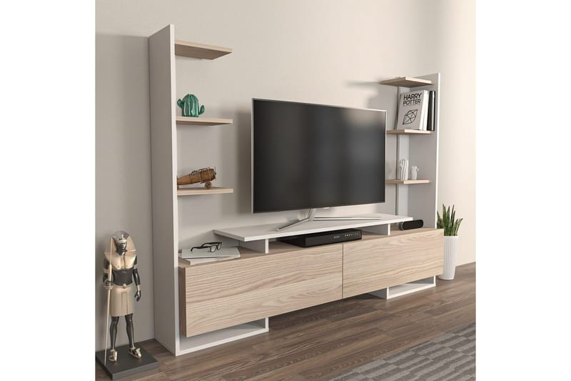 TV-skab Akdere Hvid / Eg - Mellemfarvet træ/Hvid - Møbler - TV borde & mediemøbler - TV-borde