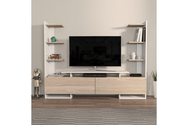 TV-skab Akdere Hvid / Eg - Mellemfarvet træ/Hvid - Møbler - TV borde & mediemøbler - TV-borde