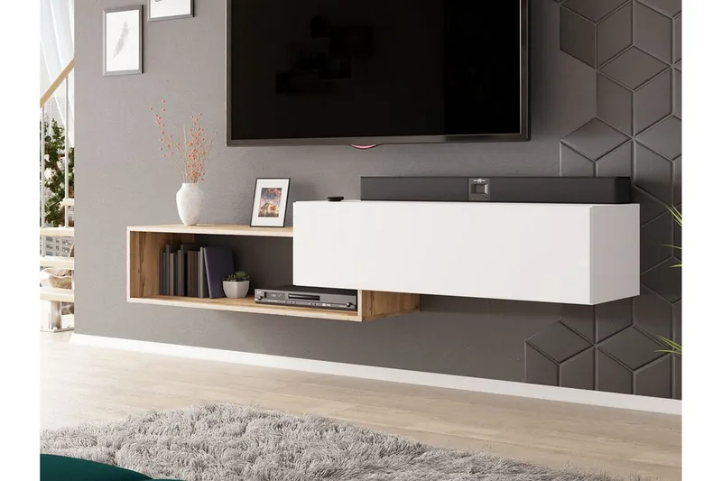 Carbost Vægmonteret TV-bænk 210 cm med Opbevaring i Eg - Hvid - Møbler - TV borde & mediemøbler - TV-borde