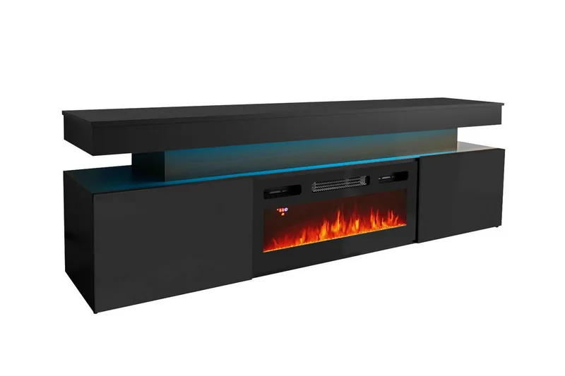 Glenndale TV-bænk med Opbevaring + LED Pejs + Belysning 190 cm, Sort