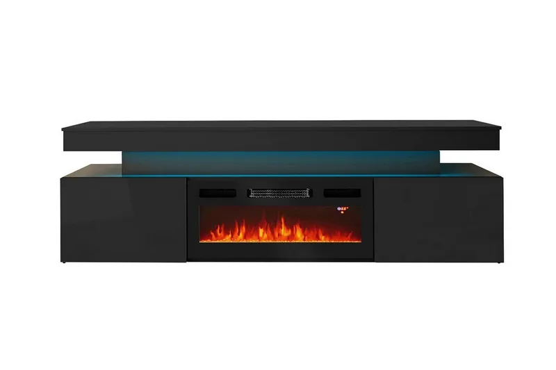 Glenndale TV-bænk med Opbevaring + LED Pejs + Belysning 190 cm - Sort - Møbler - TV borde & mediemøbler - TV-skab