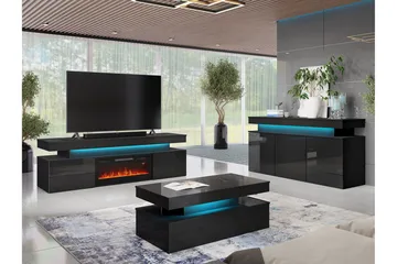 Glenndale TV-bænk med Opbevaring + LED Pejs + Belysning 190 cm - Sort - Møbler - TV borde & mediemøbler - TV-borde
