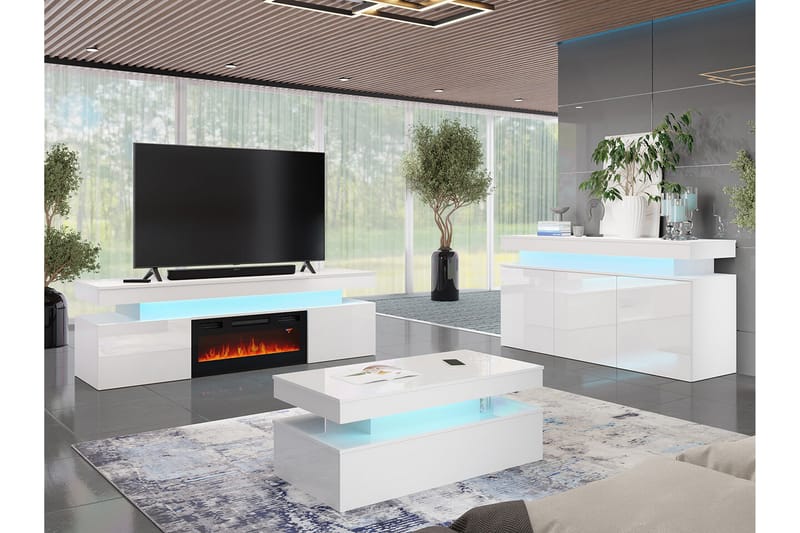 Glenndale TV bord med opbevaring + LED kamin + Belysning 190 cm - Hvid - Møbler - TV borde & mediemøbler - TV-skab