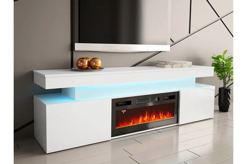 Glenndale TV bord med opbevaring + LED kamin + Belysning 190 cm - Hvid - Møbler - TV borde & mediemøbler - TV-borde