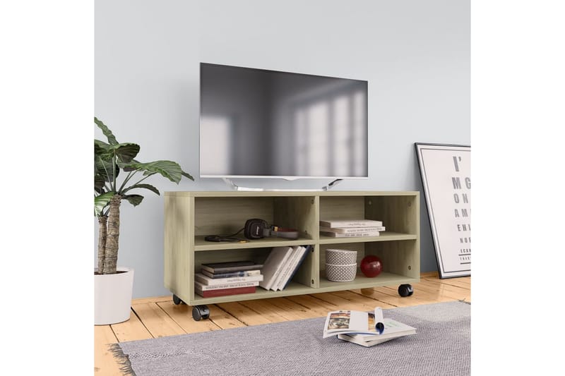 tv-skab med hjul 90x35x35 cm spånplade sonoma-egetræsfarvet - TV-borde