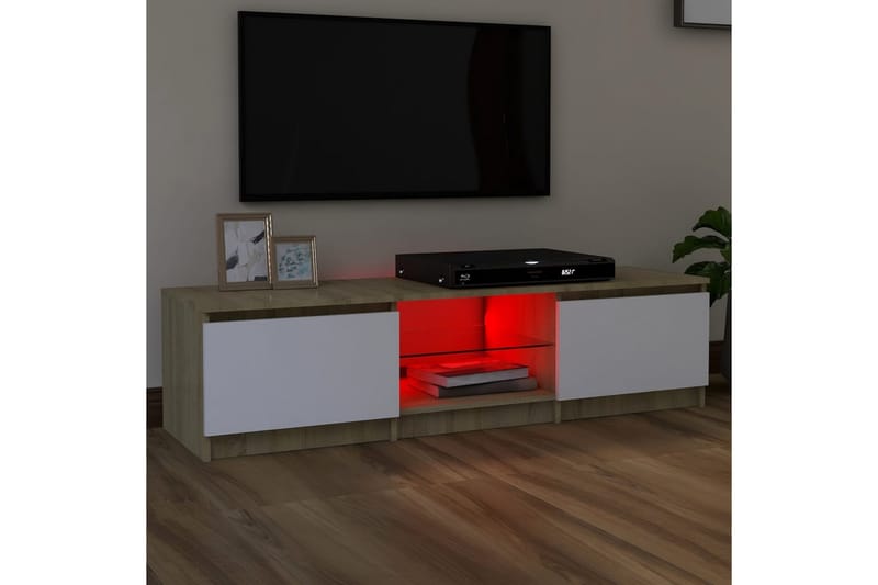 tv-skab med LED-lys 140x40x35,5 cm hvid og sonoma-eg - Beige - TV-borde