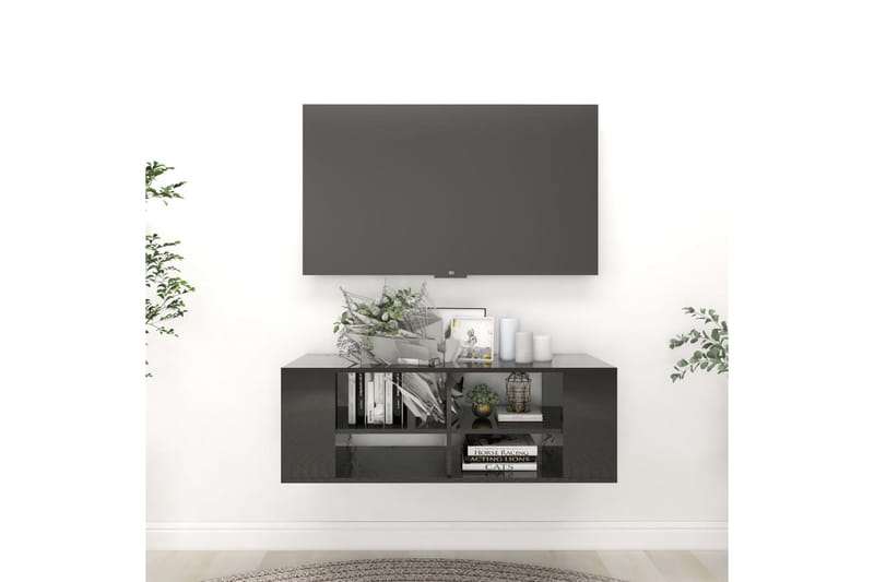 væghængt tv-skab 102x35x35 cm spånplade sort højglans - Sort - TV-skab