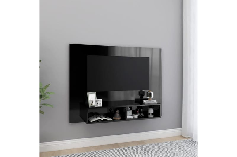 væghængt tv-skab 120x23,5x90 cm spånplade sort højglans - Sort - TV-skab